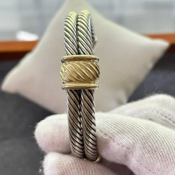 David Yurman 925 & 14k Gold Double Cable Metro Bracelet-Small - Picture 4 of 9